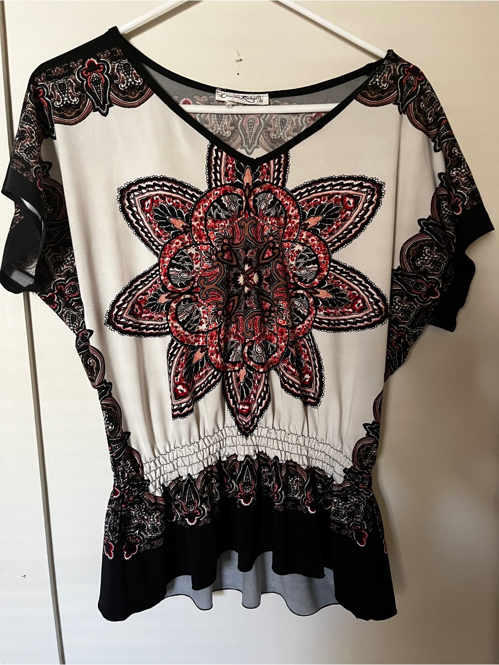 Claudia Richard mandala print floral Paisley V-Neck Blouse top  bohemian med